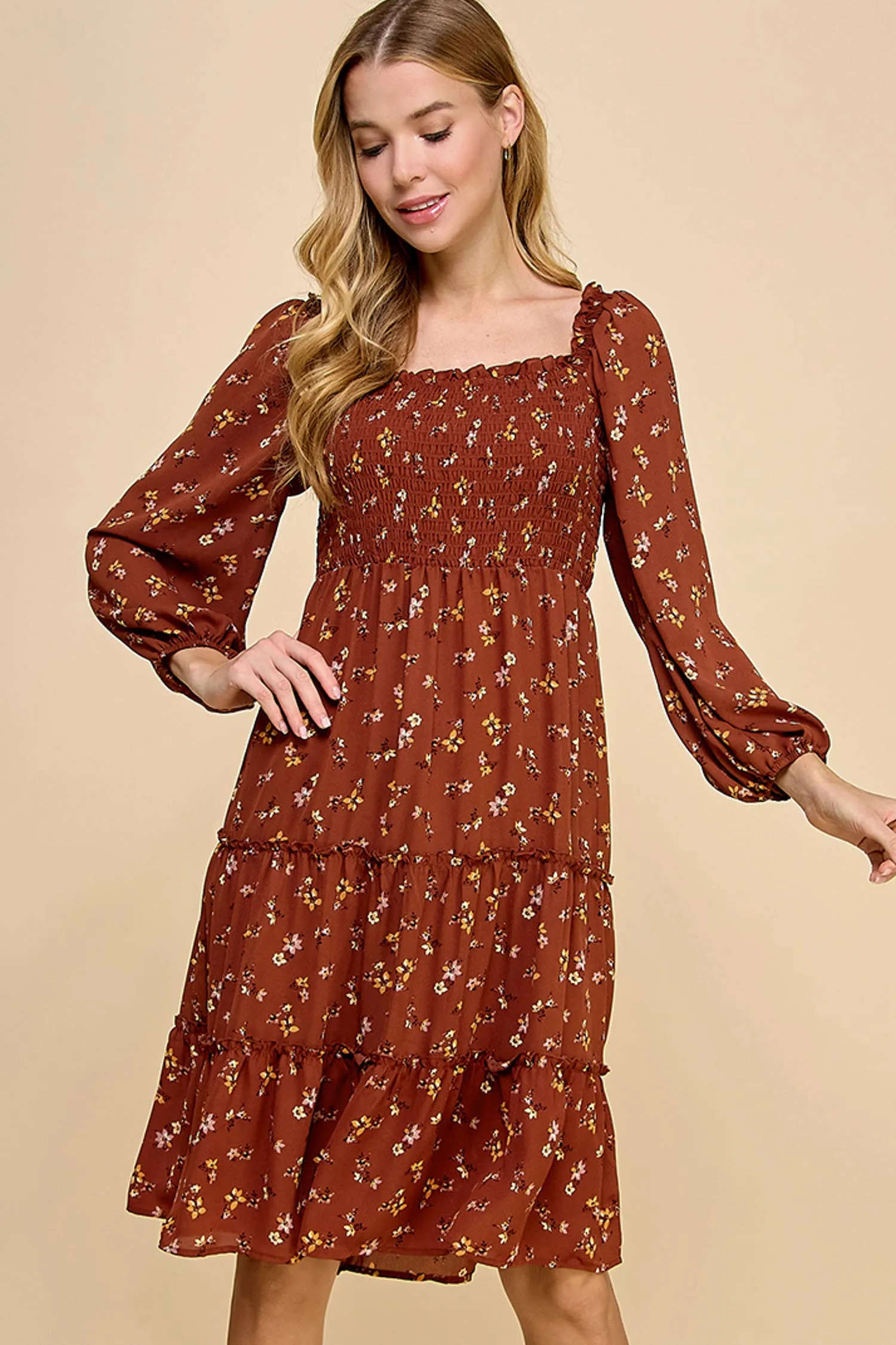 Floral Tiered Long Sleeve Midi Dress