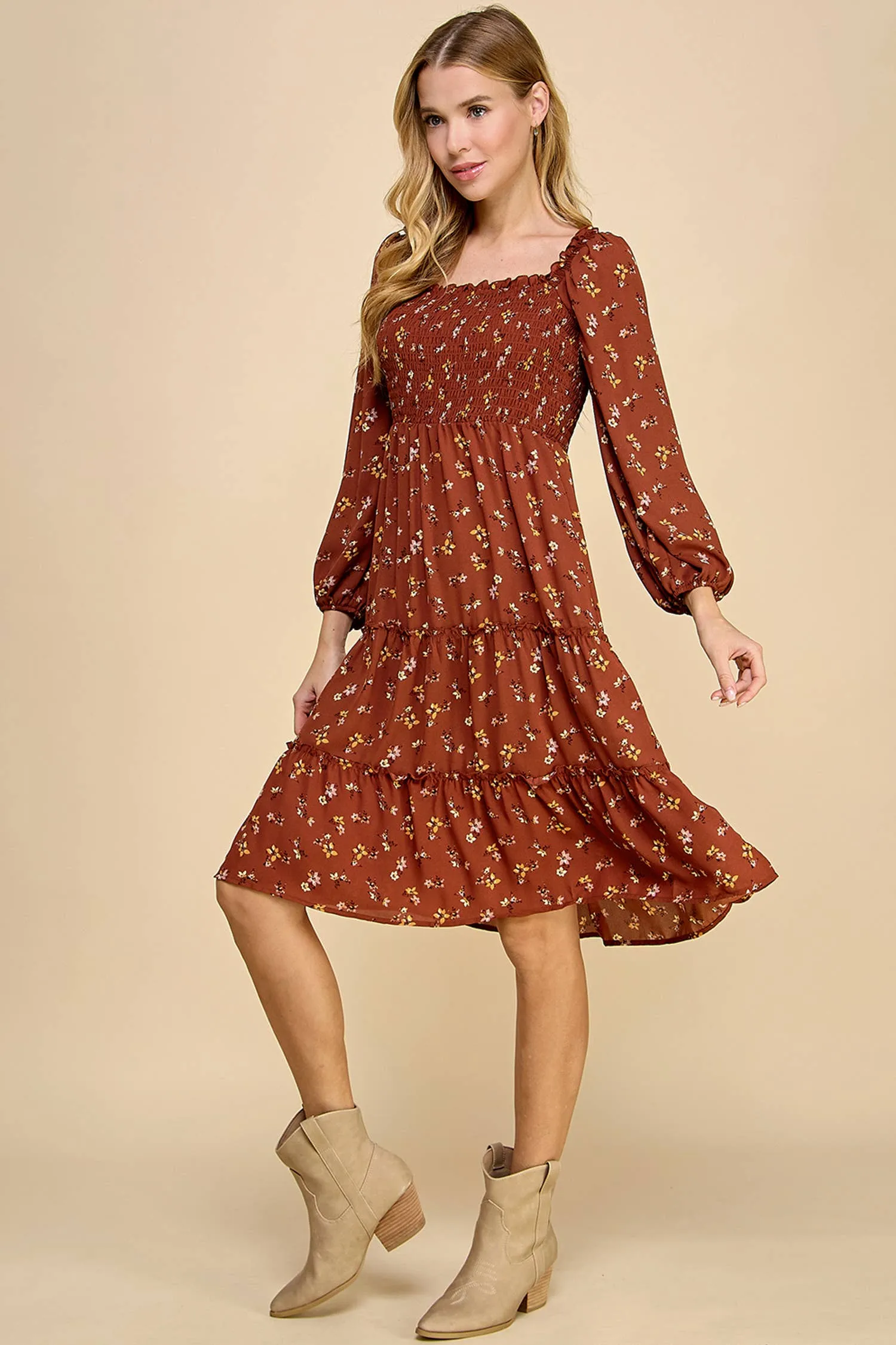Floral Tiered Long Sleeve Midi Dress