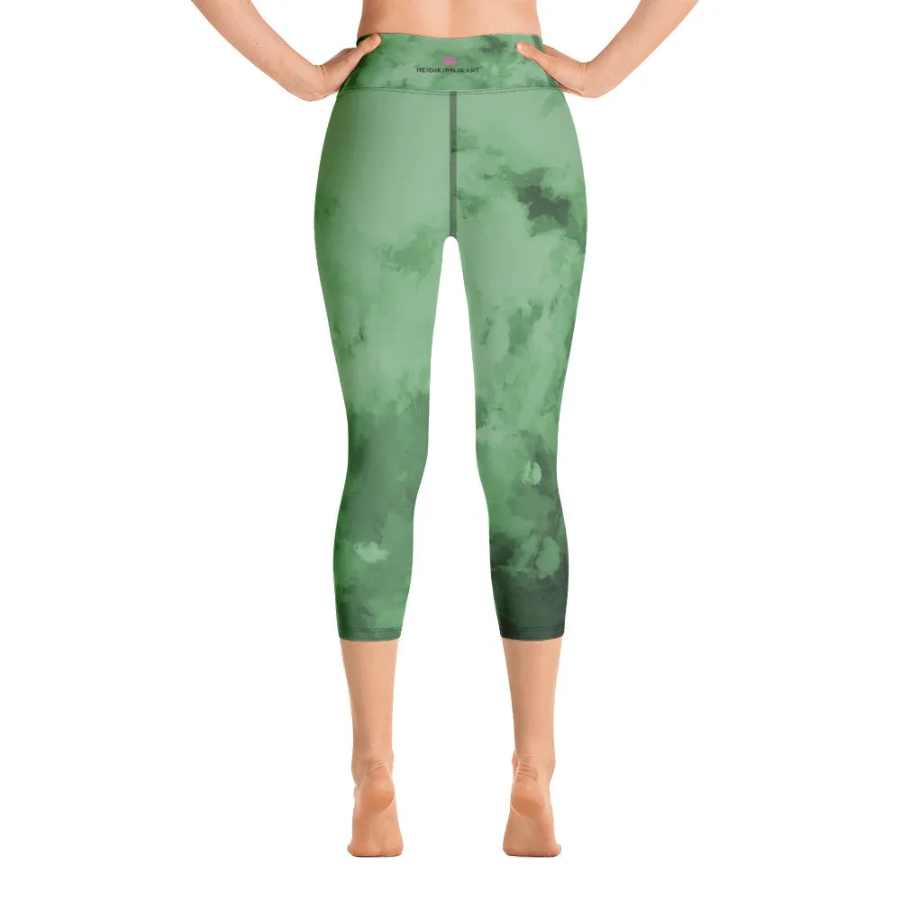 Green Abstract Yoga Capri Leggings, Green Best Women's Yoga Capri Leggings- Made in USA/EU/MX