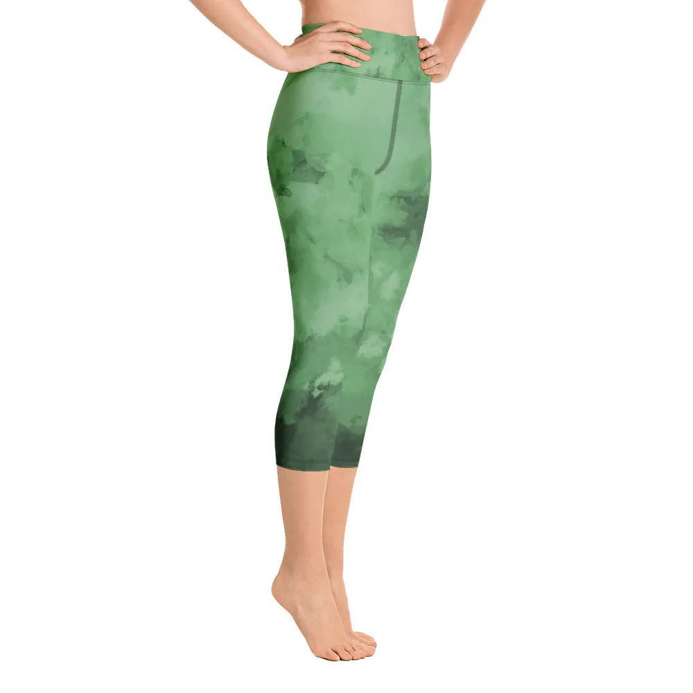 Green Abstract Yoga Capri Leggings, Green Best Women's Yoga Capri Leggings- Made in USA/EU/MX