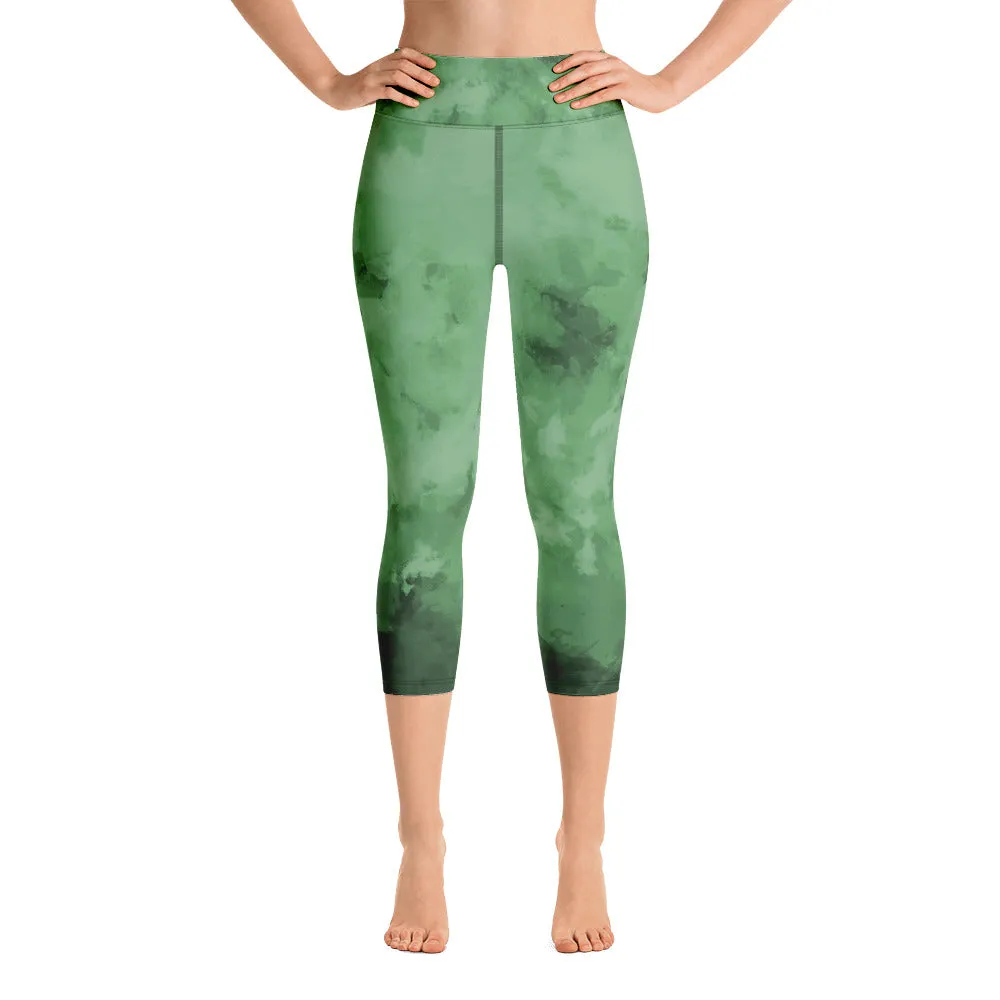 Green Abstract Yoga Capri Leggings, Green Best Women's Yoga Capri Leggings- Made in USA/EU/MX