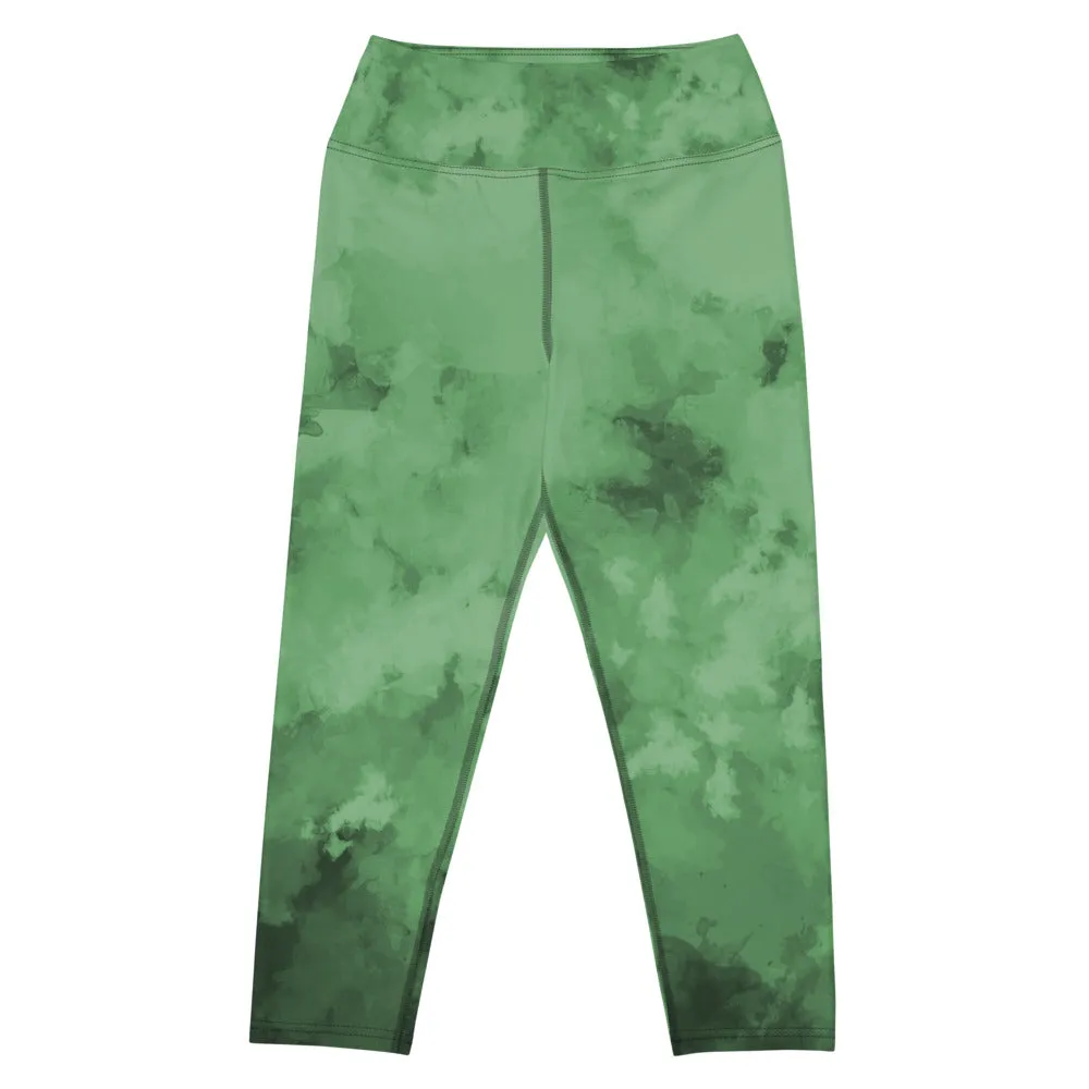 Green Abstract Yoga Capri Leggings, Green Best Women's Yoga Capri Leggings- Made in USA/EU/MX