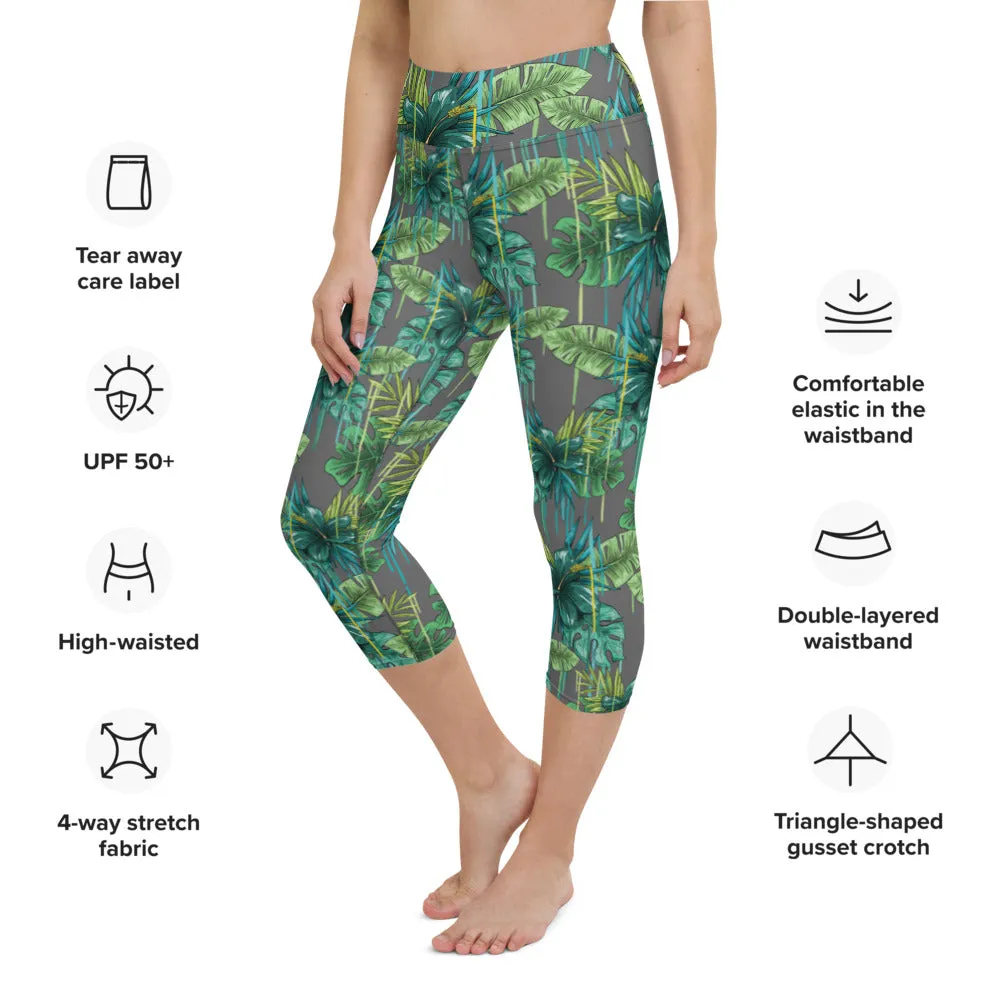 Grey Tropical Yoga Capri Leggings, Hawaiian Style Tropical Print Yoga Capri Leggings-Made in USA/EU/MX