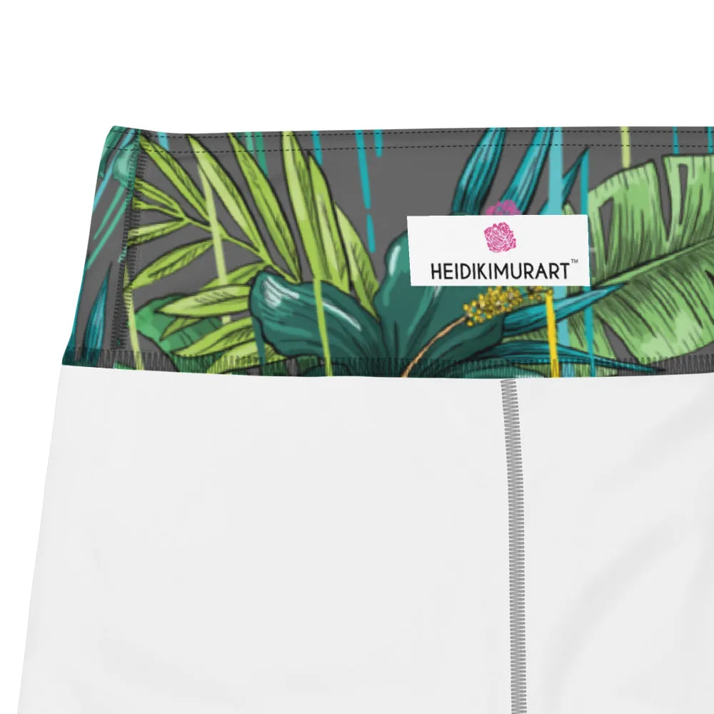 Grey Tropical Yoga Capri Leggings, Hawaiian Style Tropical Print Yoga Capri Leggings-Made in USA/EU/MX
