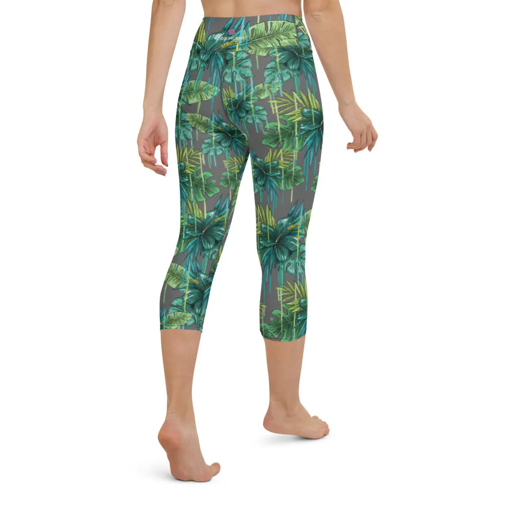 Grey Tropical Yoga Capri Leggings, Hawaiian Style Tropical Print Yoga Capri Leggings-Made in USA/EU/MX