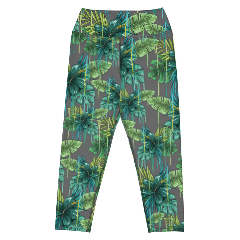 Grey Tropical Yoga Capri Leggings, Hawaiian Style Tropical Print Yoga Capri Leggings-Made in USA/EU/MX