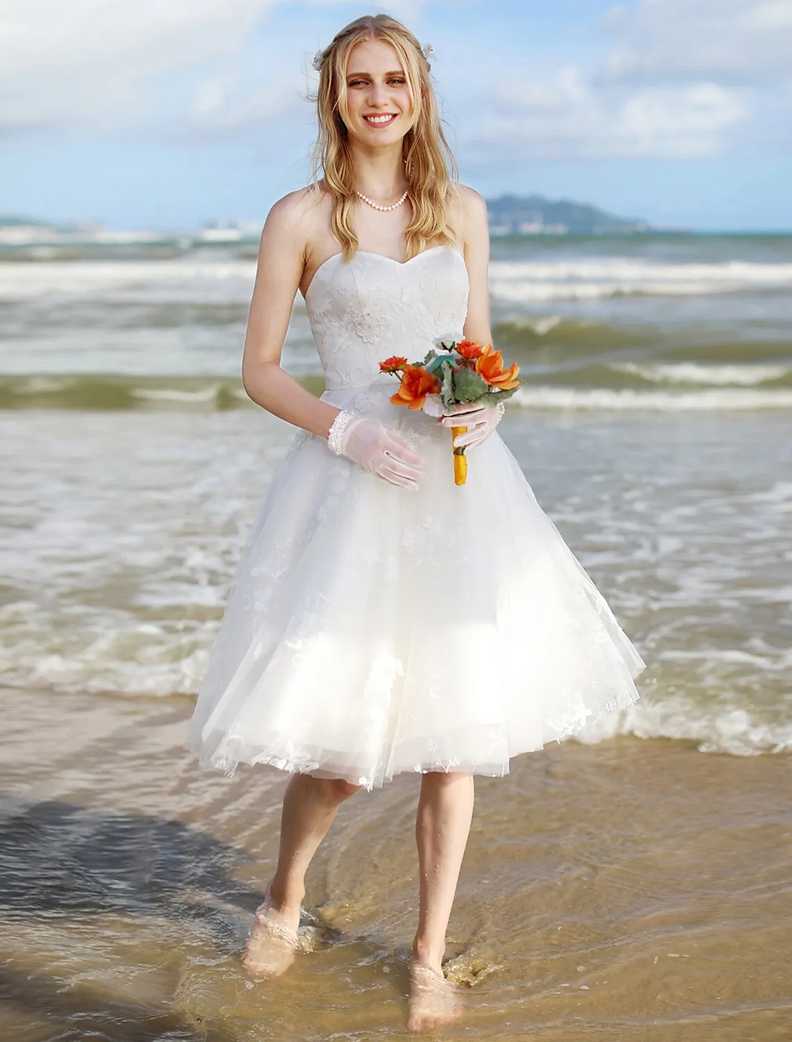 Hall Boho Wedding Dresses A-Line Sweetheart Strapless Knee Length Lace Bridal Gowns With Lace
