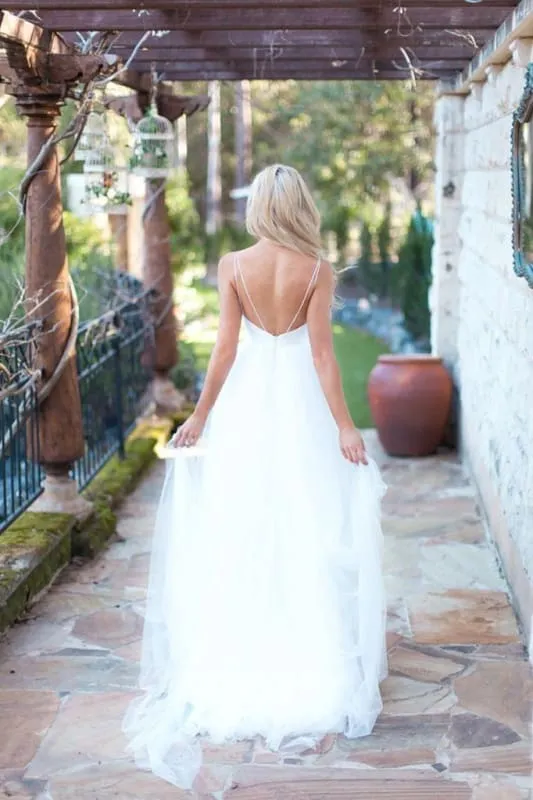 Hot Summer Boho Beach Tulle Spaghetti Straps Wedding Dress