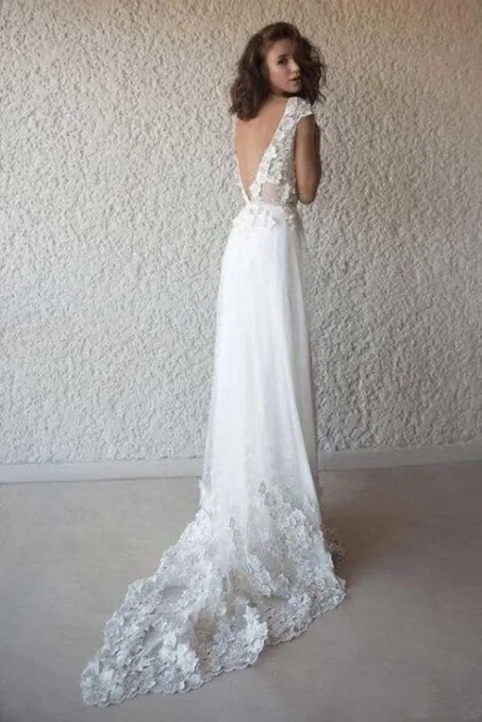 Ivory Cap Sleeve V Neck Beach Boho Appliques Wedding Dress