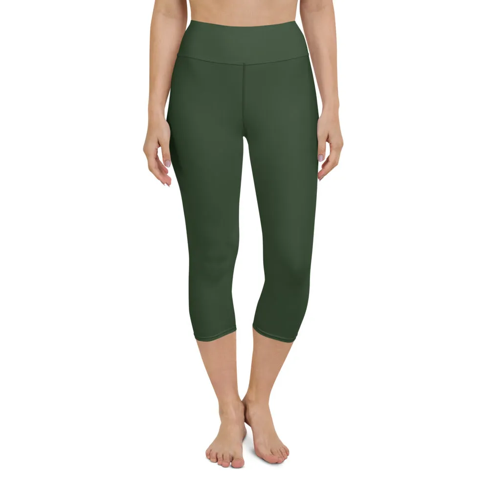 Jungle Green Yoga Capri Leggings, Solid Color Green Women's Capris Tights-Made in USA/EU/MX