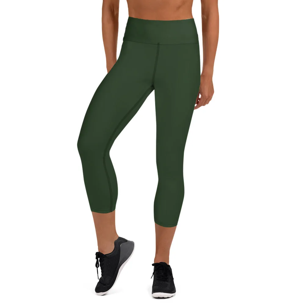 Jungle Green Yoga Capri Leggings, Solid Color Green Women's Capris Tights-Made in USA/EU/MX