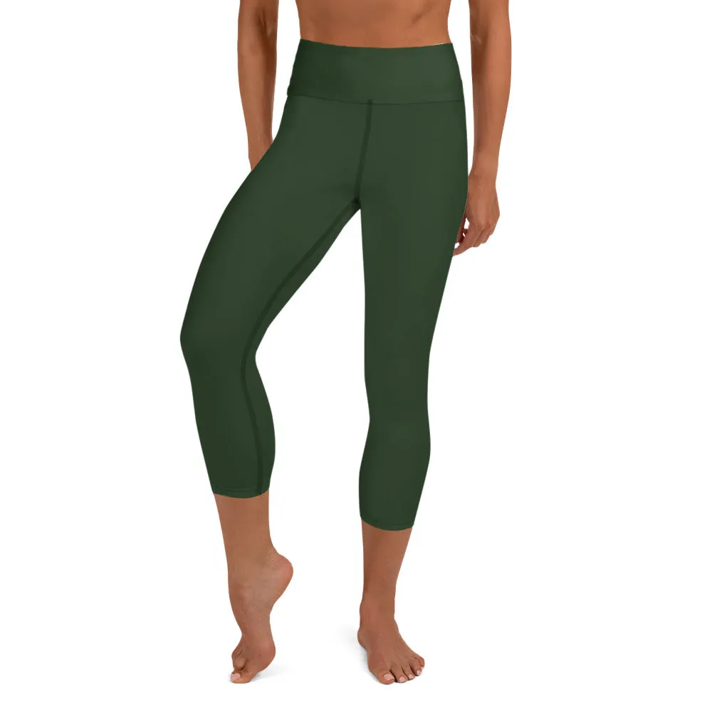 Jungle Green Yoga Capri Leggings, Solid Color Green Women's Capris Tights-Made in USA/EU/MX