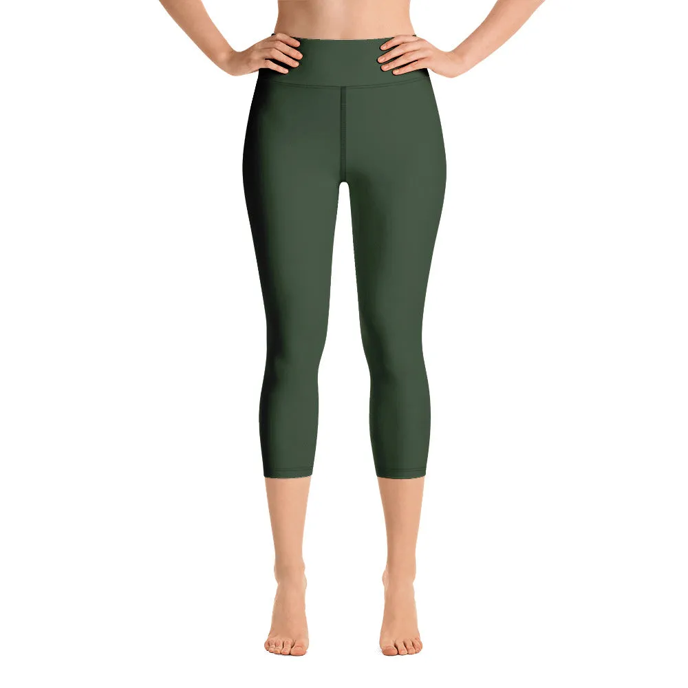 Jungle Green Yoga Capri Leggings, Solid Color Green Women's Capris Tights-Made in USA/EU/MX