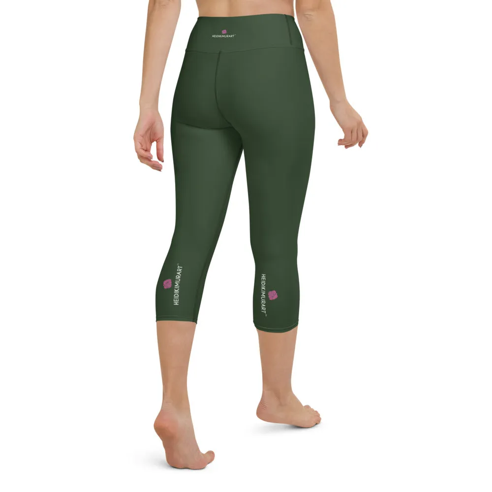 Jungle Green Yoga Capri Leggings, Solid Color Green Women's Capris Tights-Made in USA/EU/MX