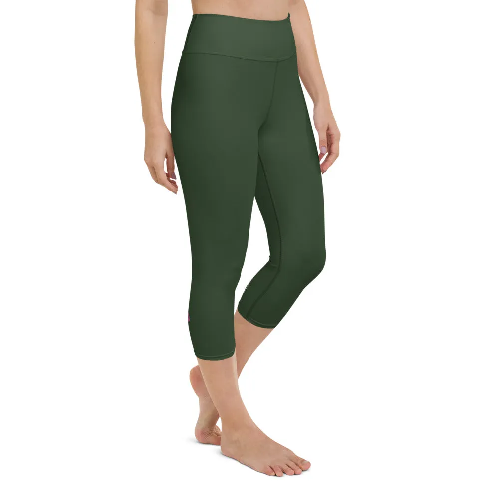 Jungle Green Yoga Capri Leggings, Solid Color Green Women's Capris Tights-Made in USA/EU/MX