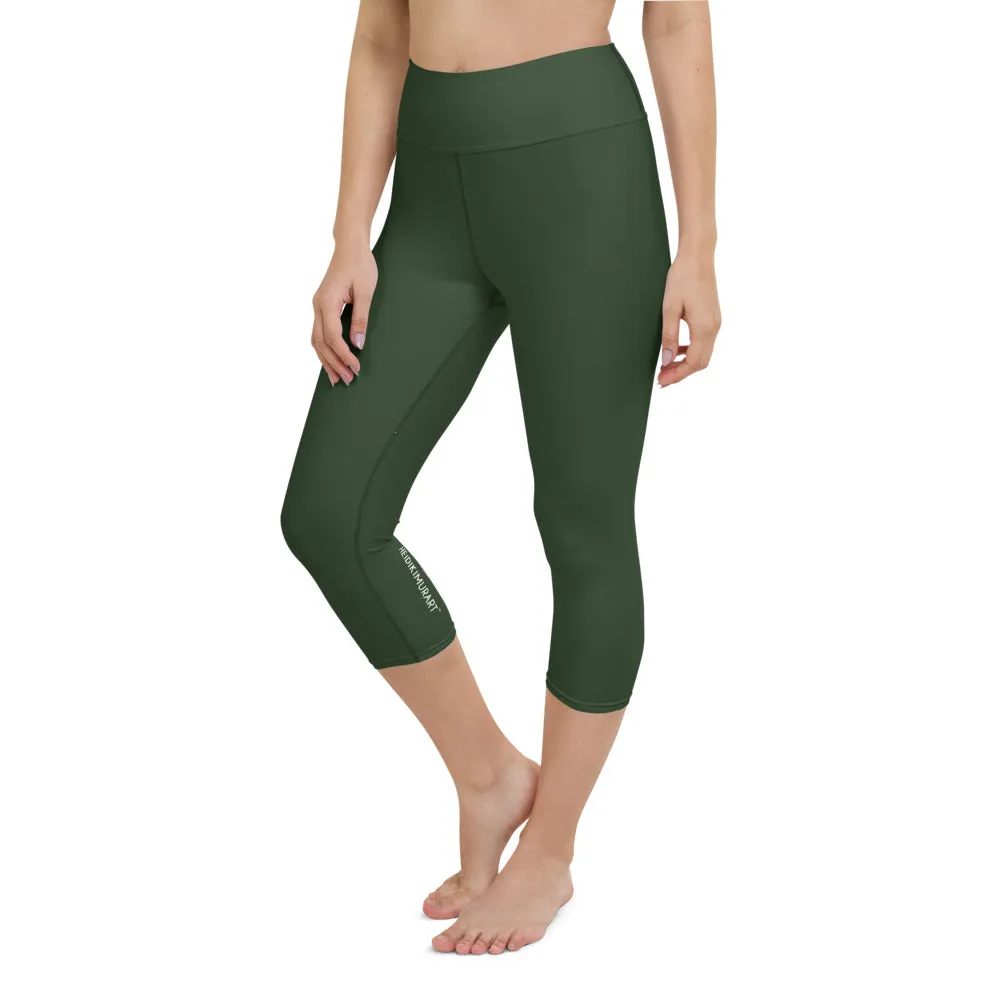 Jungle Green Yoga Capri Leggings, Solid Color Green Women's Capris Tights-Made in USA/EU/MX