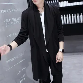 Korean Men's Mid-Long Style Trench Windbreaker Ultra Thin Large Neckline Fashion Slim Outwear Cloak Sunscreen&Windproof Overcoat