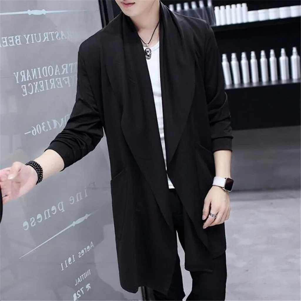 Korean Men's Mid-Long Style Trench Windbreaker Ultra Thin Large Neckline Fashion Slim Outwear Cloak Sunscreen&Windproof Overcoat