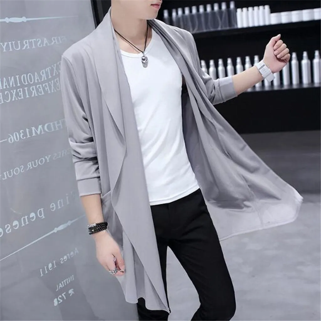Korean Men's Mid-Long Style Trench Windbreaker Ultra Thin Large Neckline Fashion Slim Outwear Cloak Sunscreen&Windproof Overcoat