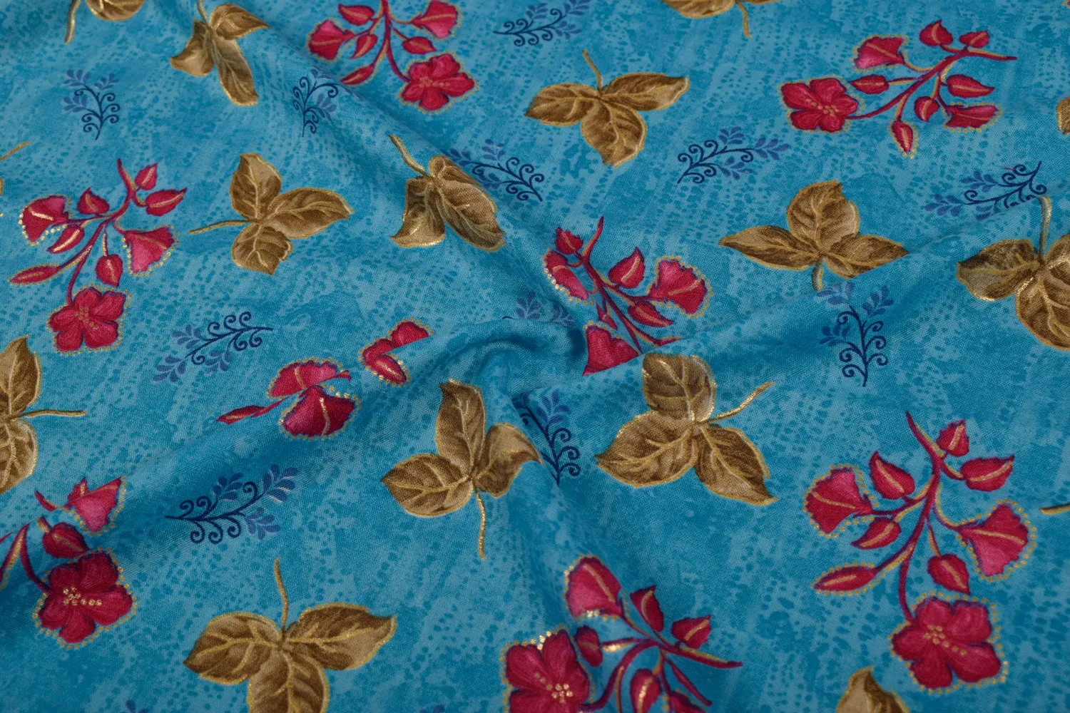 Light Blue Floral Printed Viscose Blend Fabric