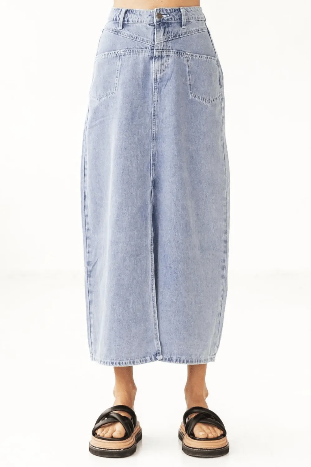 Light Wash Denim Front Split Maxi Skirt