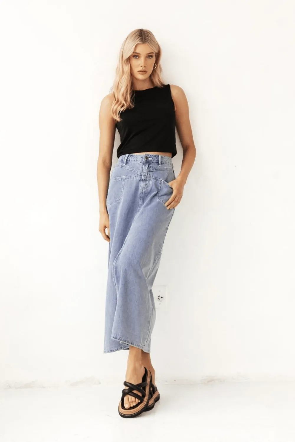 Light Wash Denim Front Split Maxi Skirt