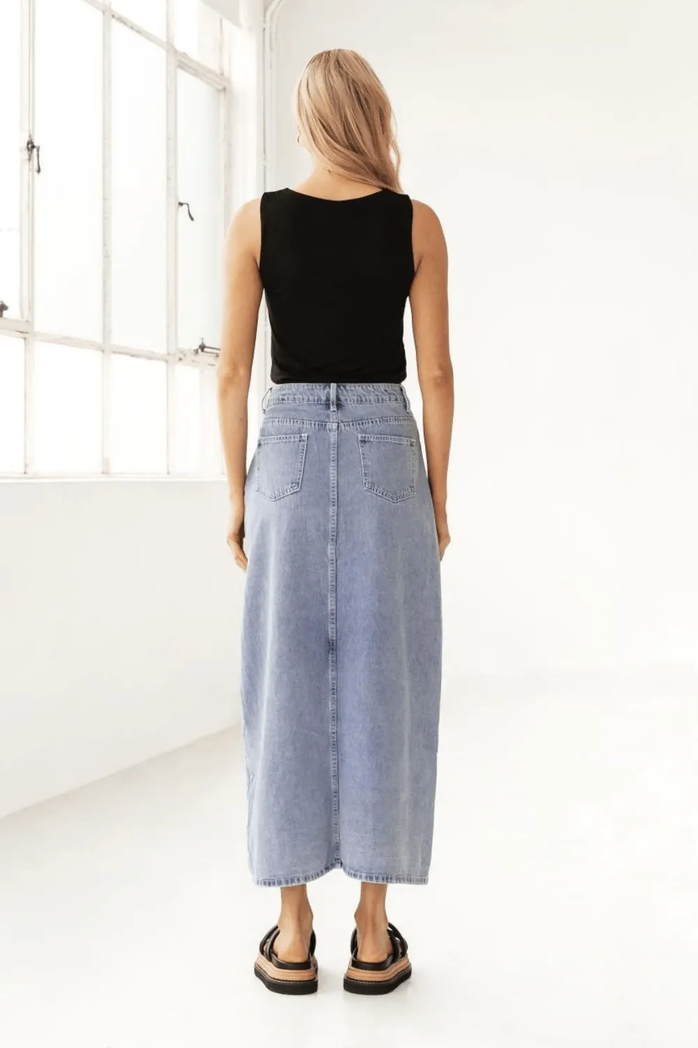 Light Wash Denim Front Split Maxi Skirt