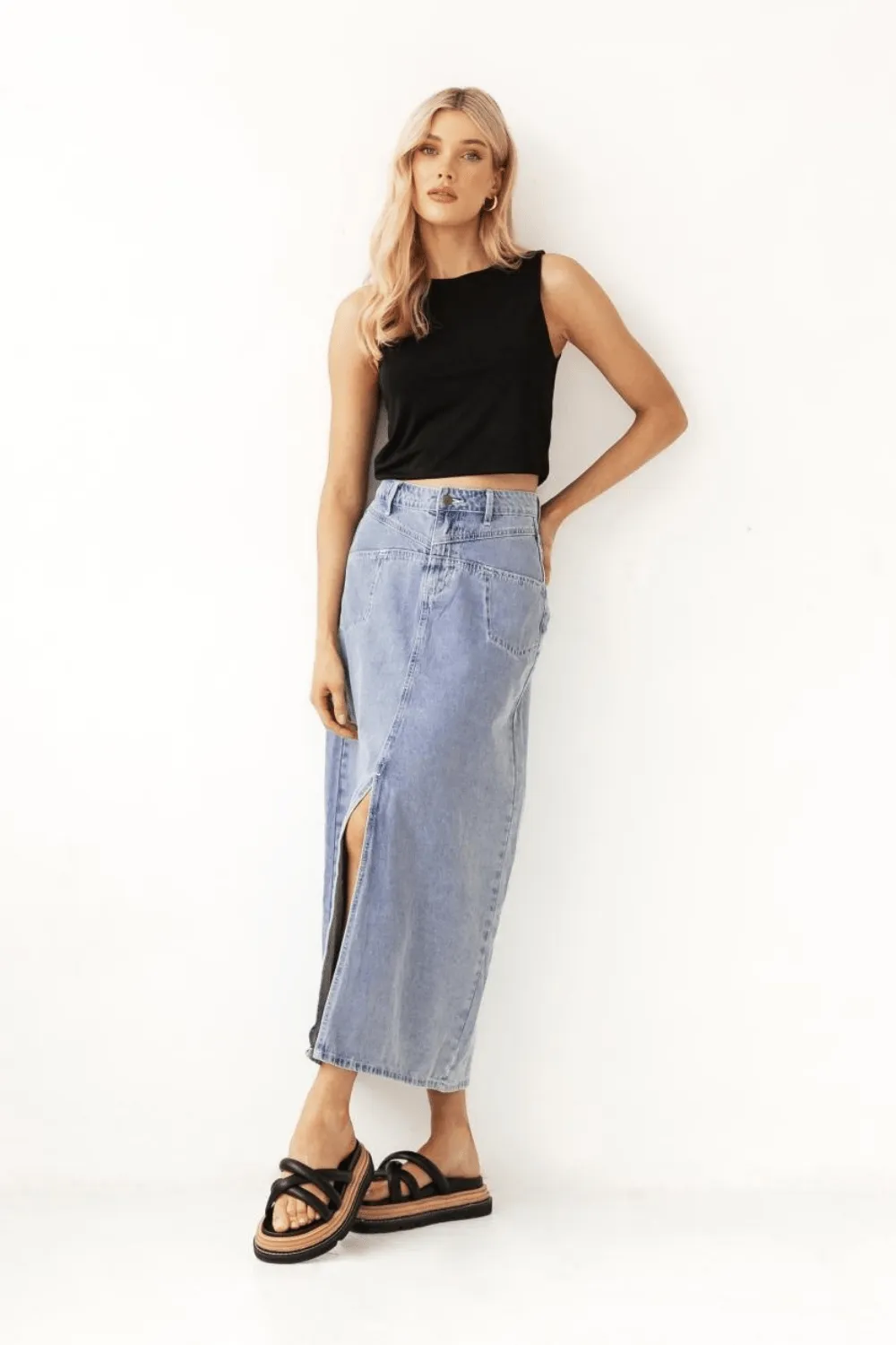Light Wash Denim Front Split Maxi Skirt