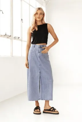 Light Wash Denim Front Split Maxi Skirt