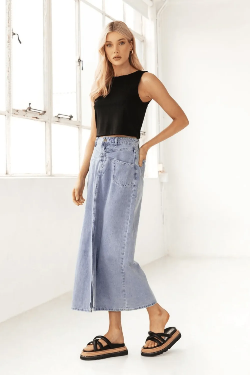 Light Wash Denim Front Split Maxi Skirt