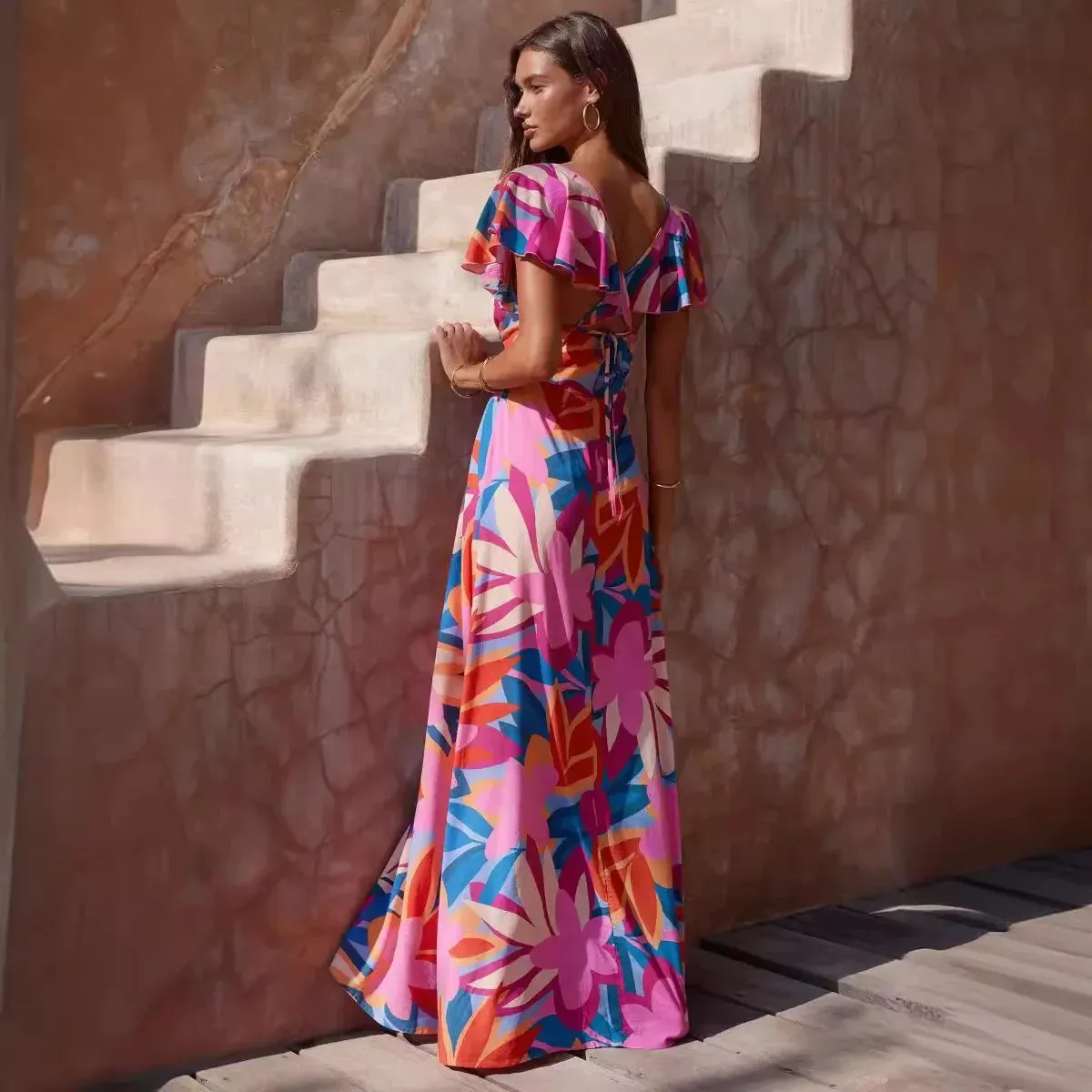 Long Summer Printed V-neck Ruffle-leaf Sleeve Holiday Backless Maxi Dress