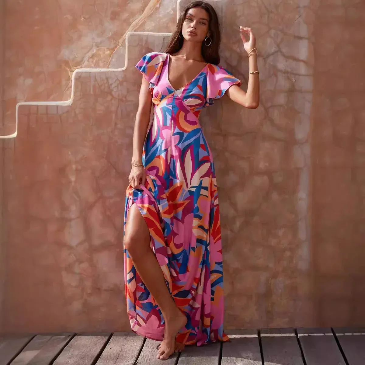 Long Summer Printed V-neck Ruffle-leaf Sleeve Holiday Backless Maxi Dress