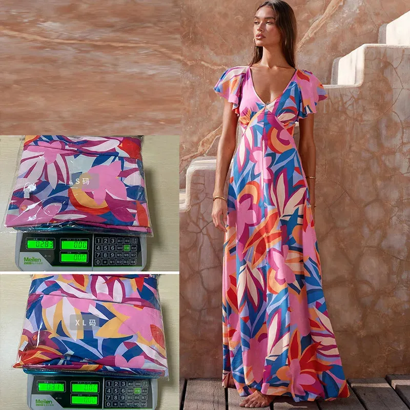 Long Summer Printed V-neck Ruffle-leaf Sleeve Holiday Backless Maxi Dress