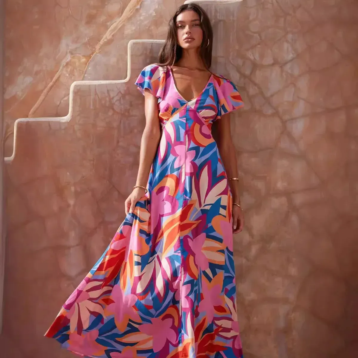 Long Summer Printed V-neck Ruffle-leaf Sleeve Holiday Backless Maxi Dress