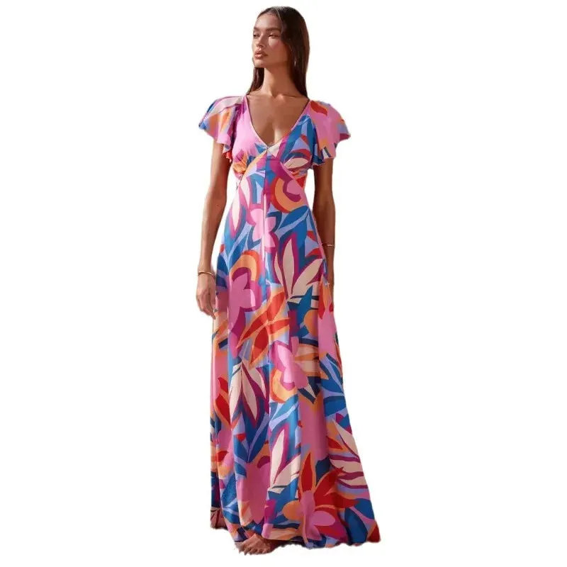 Long Summer Printed V-neck Ruffle-leaf Sleeve Holiday Backless Maxi Dress