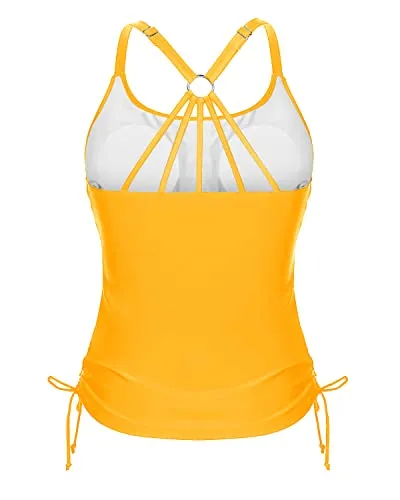 Loose Ruched Tankini Top With Tie Side Drawstrings Tank Tops Women-Yellow