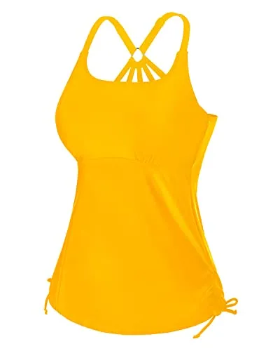Loose Ruched Tankini Top With Tie Side Drawstrings Tank Tops Women-Yellow