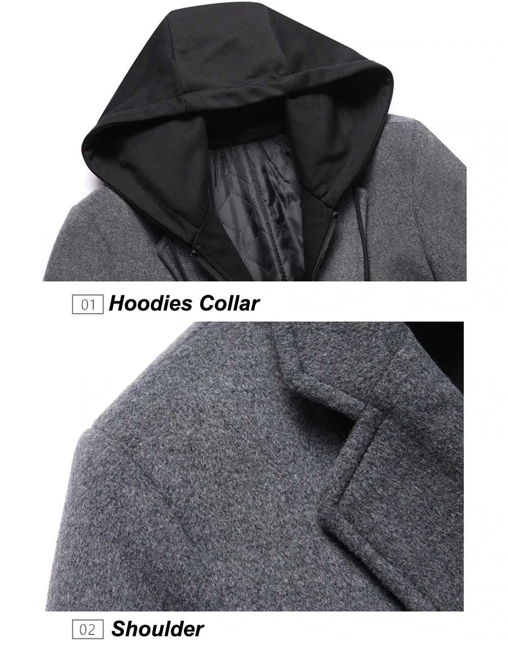 Men's Hooded Wool Scarf Collar Cotton Trench Coat
