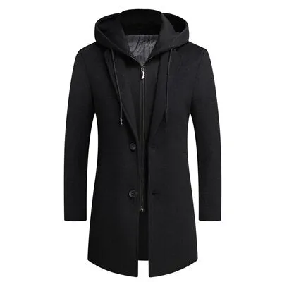 Men's Hooded Wool Scarf Collar Cotton Trench Coat