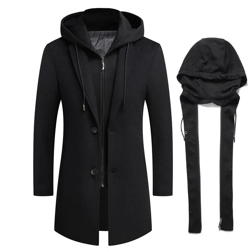 Men's Hooded Wool Scarf Collar Cotton Trench Coat