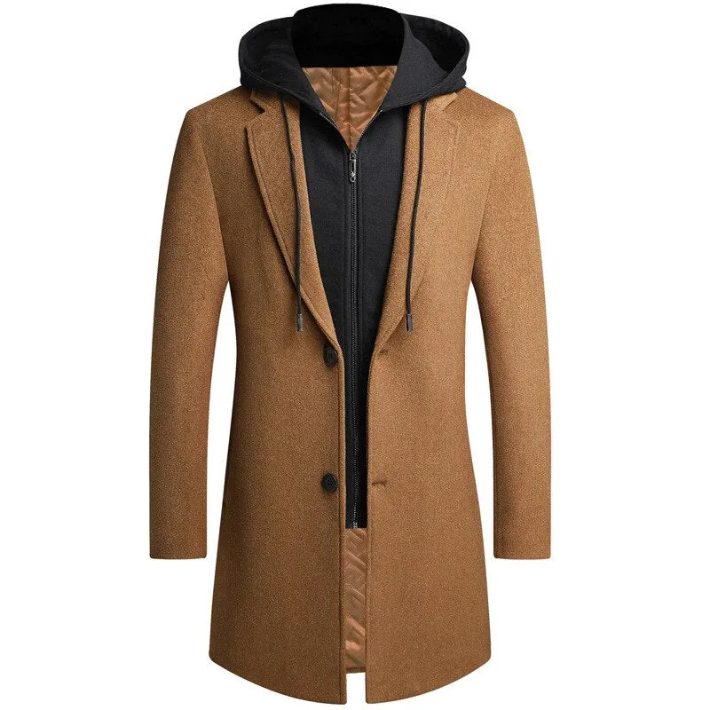 Men's Hooded Wool Scarf Collar Cotton Trench Coat