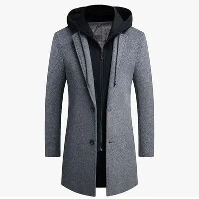Men's Hooded Wool Scarf Collar Cotton Trench Coat