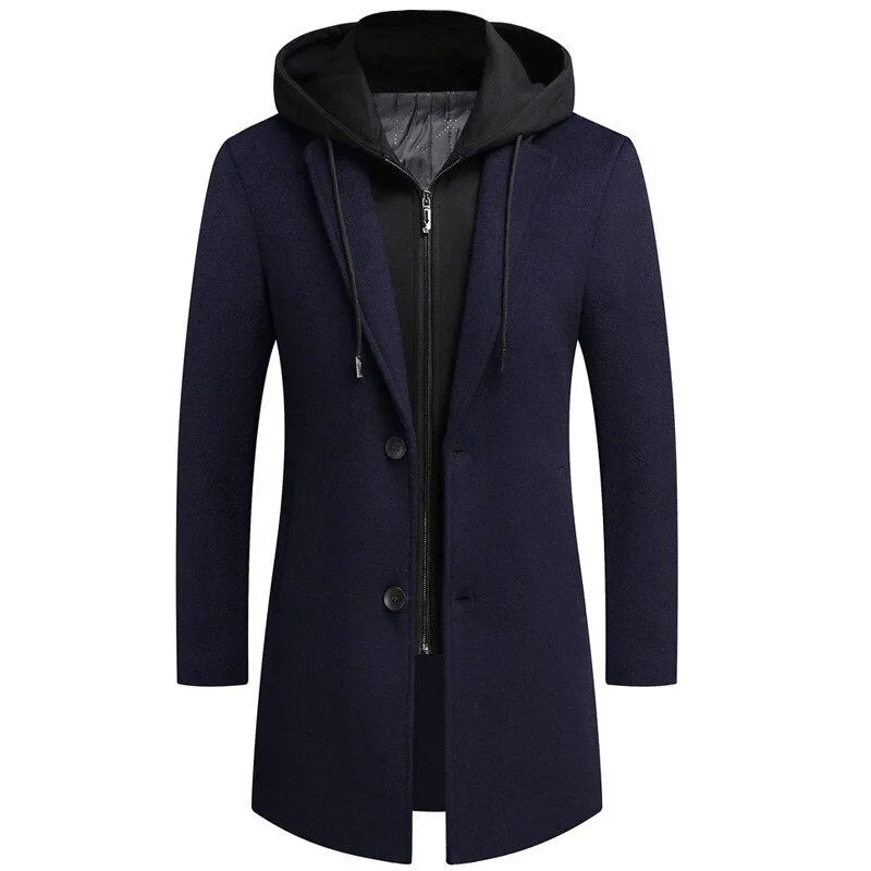 Men's Hooded Wool Scarf Collar Cotton Trench Coat