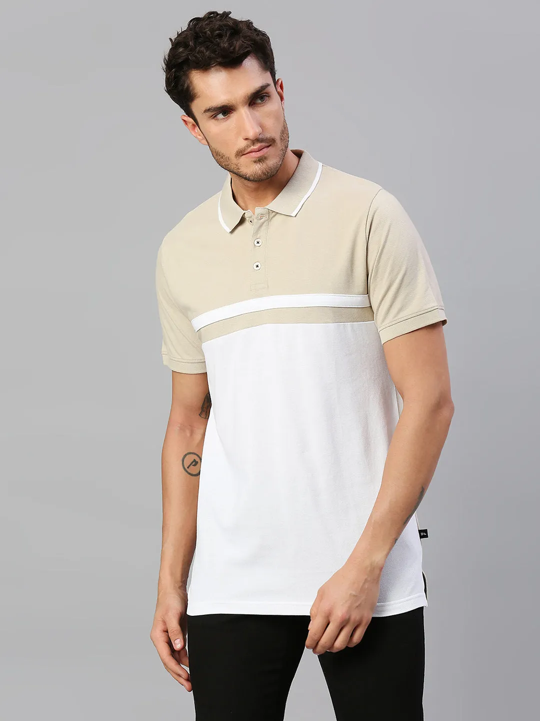 Men's Pure Cotton Color Block Half Sleeves Polo T-Shirt (White)