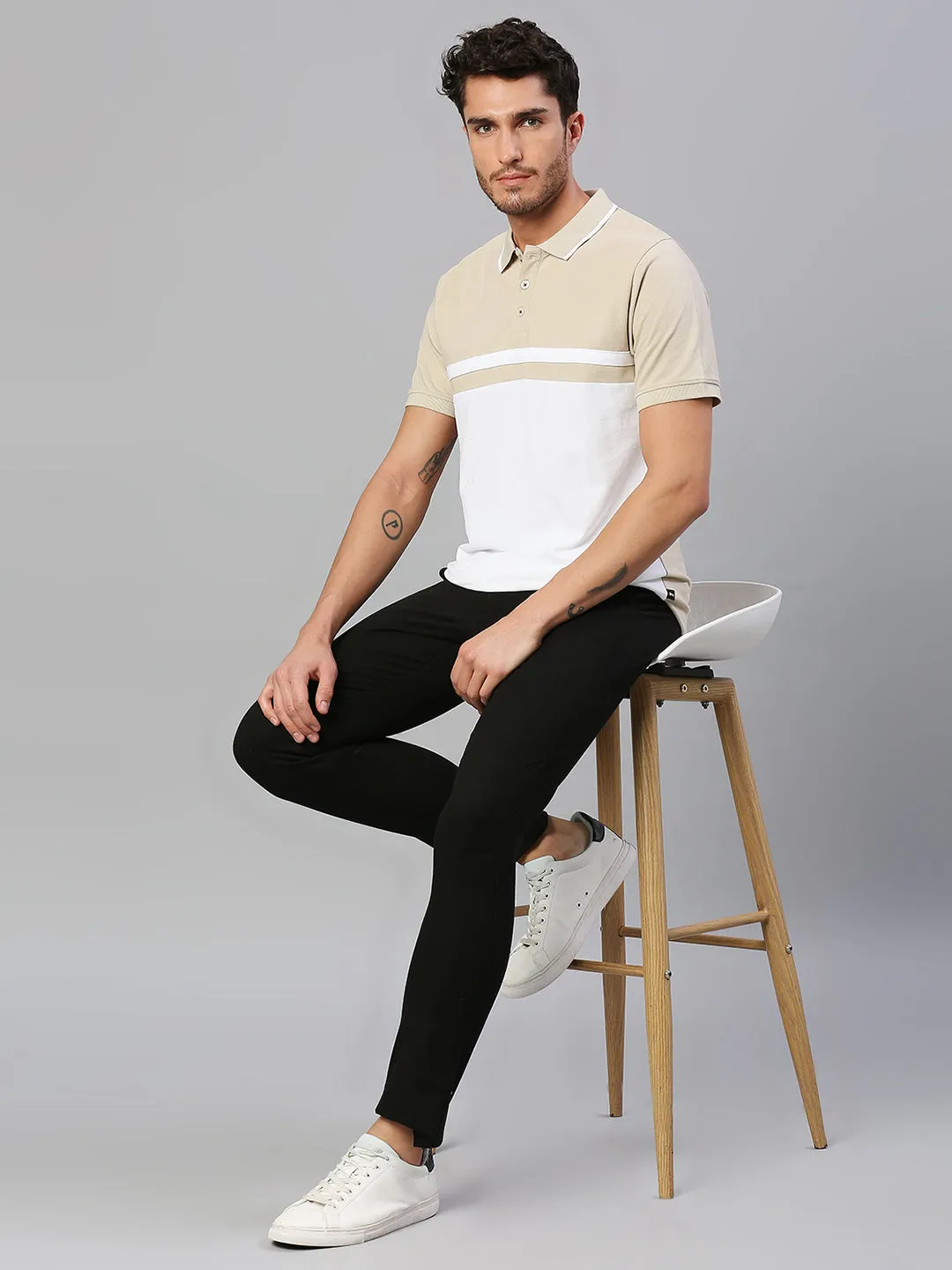 Men's Pure Cotton Color Block Half Sleeves Polo T-Shirt (White)