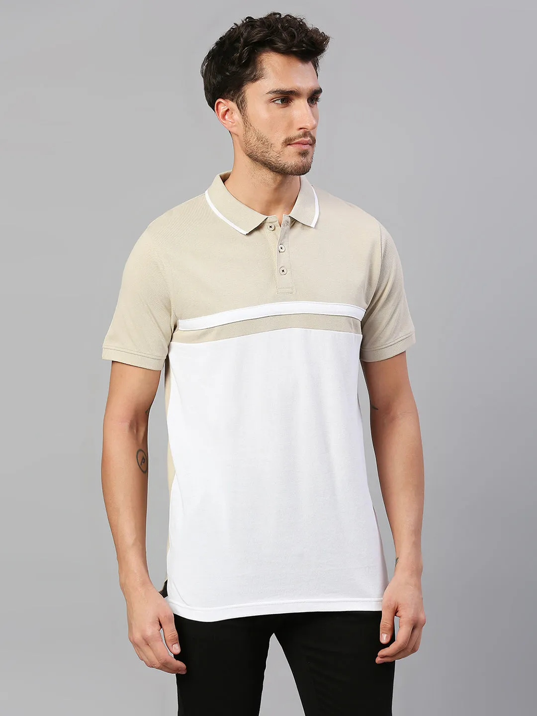 Men's Pure Cotton Color Block Half Sleeves Polo T-Shirt (White)