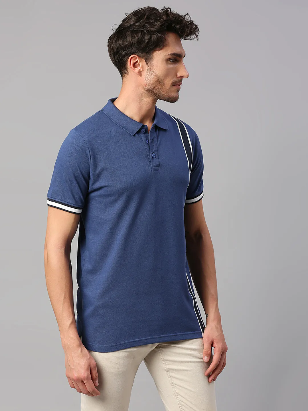 Men's Pure Cotton Striped Half Sleeves Polo T-Shirt (Blue)