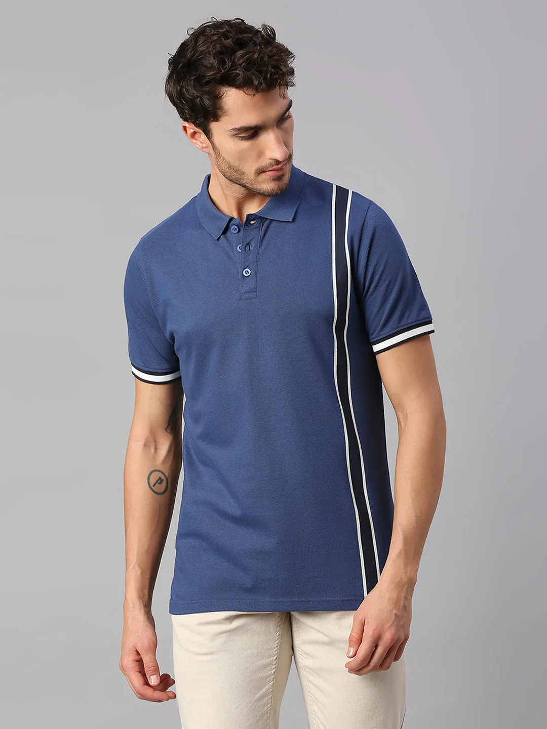 Men's Pure Cotton Striped Half Sleeves Polo T-Shirt (Blue)