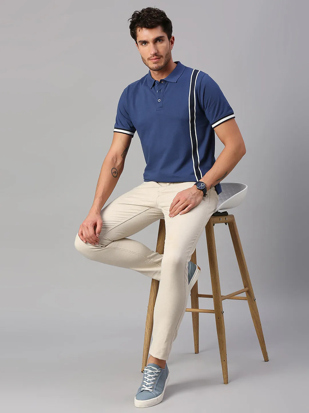 Men's Pure Cotton Striped Half Sleeves Polo T-Shirt (Blue)