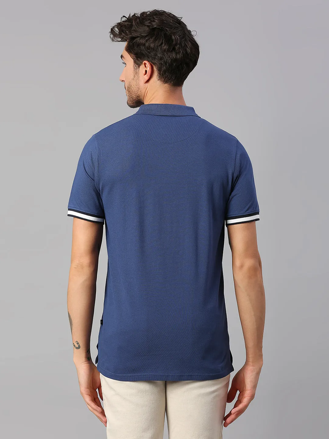 Men's Pure Cotton Striped Half Sleeves Polo T-Shirt (Blue)